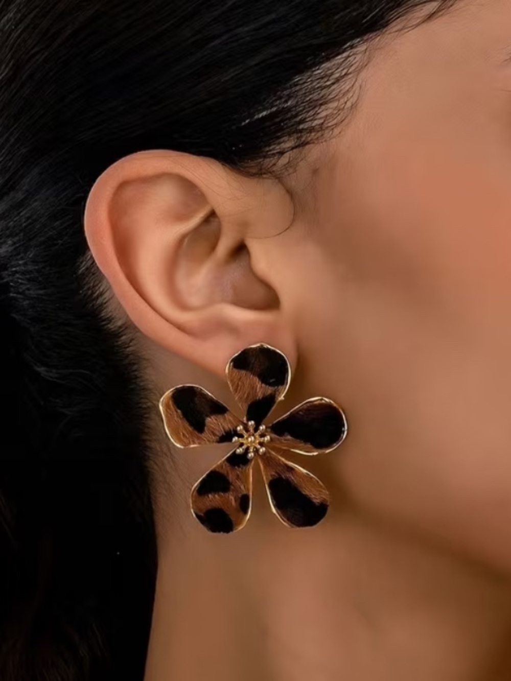 LEOPARD Print Floral Earrings in Brown & Black Faux Fur